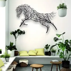 Iron Horse Branch Wall Decoration, Metal Horse Branch Decor Animal Silhouette Craft Living Room, Bedroom, Study, Outdoor Decoration Black Iron Art