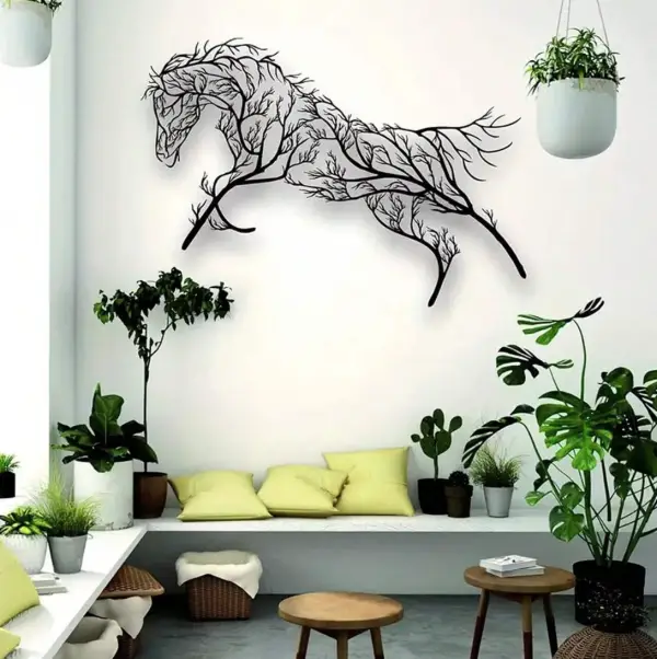 Iron Horse Branch Wall Decoration, Metal Horse Branch Decor Animal Silhouette Craft Living Room, Bedroom, Study, Outdoor Decoration Black Iron Art