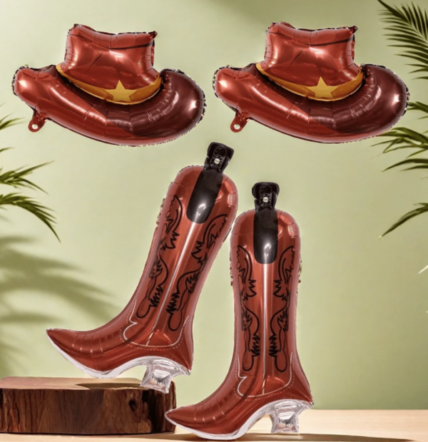 4pcs Western Theme Party Balloons Including 2pcs Cowgirl Boot Shaped Balloons And 2pcs Cowgirl Hat Shaped Foil Balloons For Bachelor Party Decoration