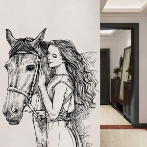 2pcs Sketch Of Galloping Horse & Beautiful Woman Wall Stickers For Living Room, Entryway, Home Decoration, Self-Adhesive
