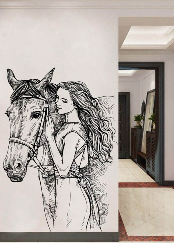 2pcs Sketch Of Galloping Horse & Beautiful Woman Wall Stickers For Living Room, Entryway, Home Decoration, Self-Adhesive