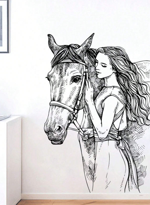 2pcs Sketch Of Galloping Horse & Beautiful Woman Wall Stickers For Living Room, Entryway, Home Decoration, Self-Adhesive - Image 3