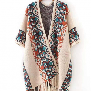 Boho  Geometric Pattern Fringe Hem Shawl Women Pancho