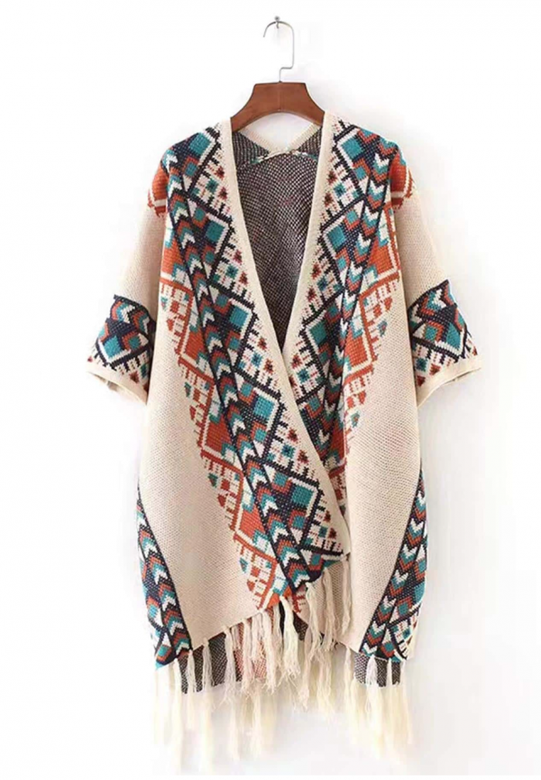Boho  Geometric Pattern Fringe Hem Shawl Women Pancho