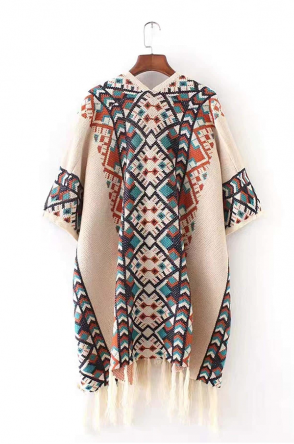 Boho  Geometric Pattern Fringe Hem Shawl Women Pancho - Image 3