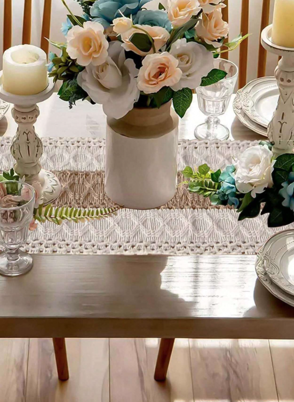 Boho Table Runner Macrame Table Runners For Home Decor Cream & Brown Macrame Table Runner With Tassels For Boho Dining Bedroom Decor Rustic Bridal Shower - Image 5